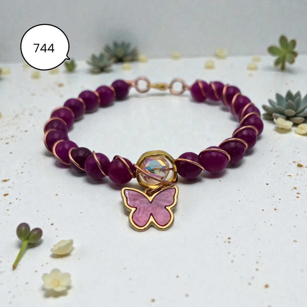 Purple Beaded Butterfly Charm Bracelet with Crystal Accent